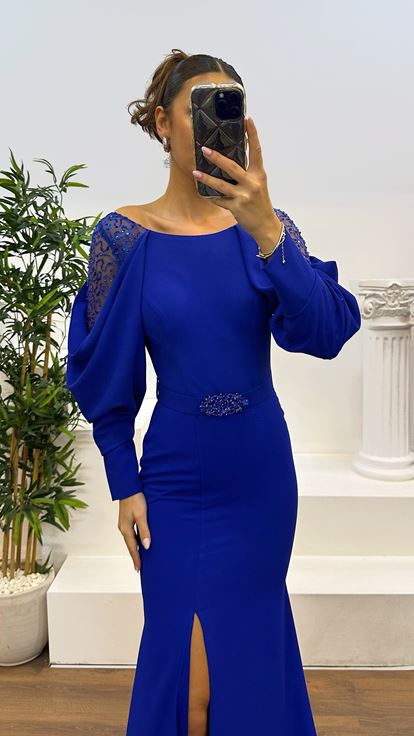 Sax Sleeve Detail Evening Dress