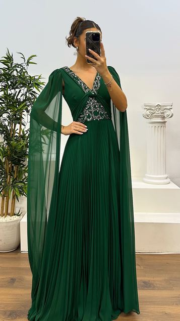Emerald V-Neck Pleated Sleeve Detail Evening Dress