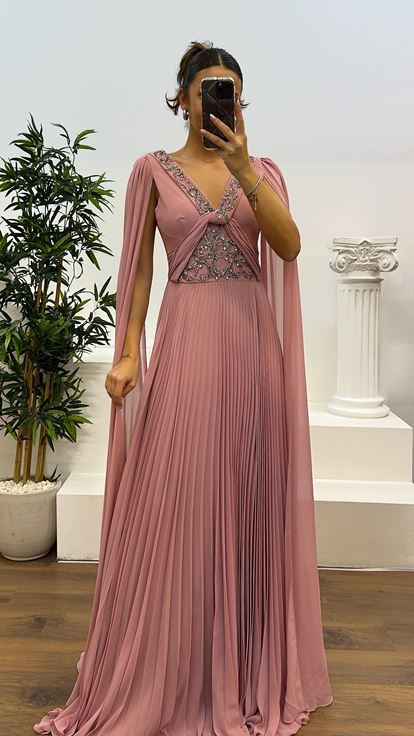 Powder V-Neck Pleated Sleeve Detail Evening Dress