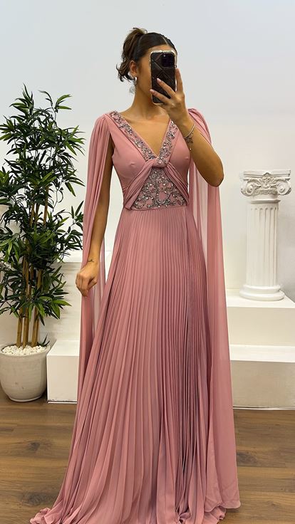 Powder V-Neck Pleated Sleeve Detail Evening Dress