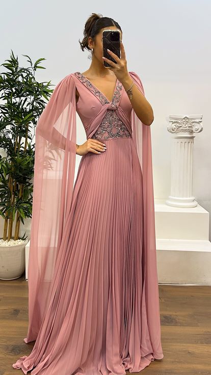Powder V-Neck Pleated Sleeve Detail Evening Dress