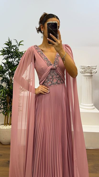 Powder V-Neck Pleated Sleeve Detail Evening Dress