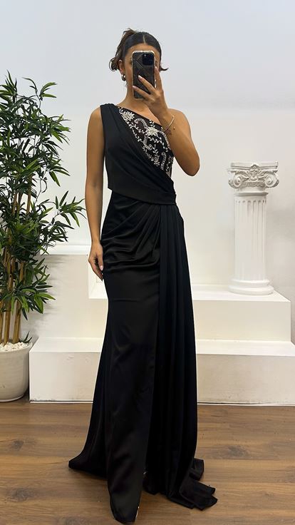 Black One Shoulder Embroidered Satin Evening Dress