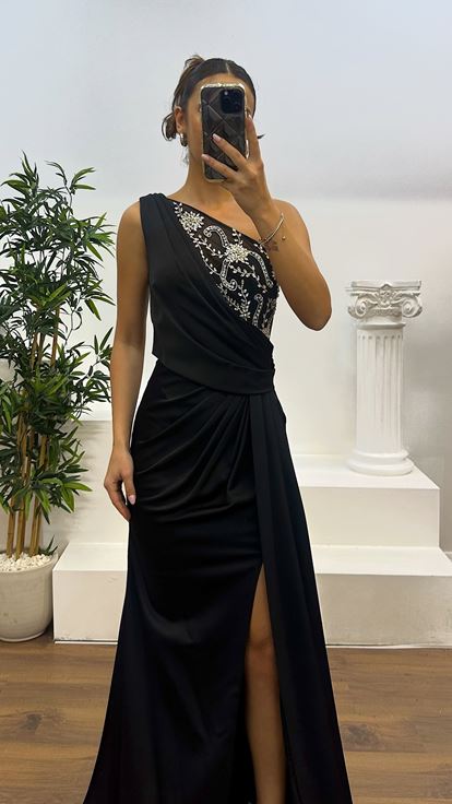 Black One Shoulder Embroidered Satin Evening Dress
