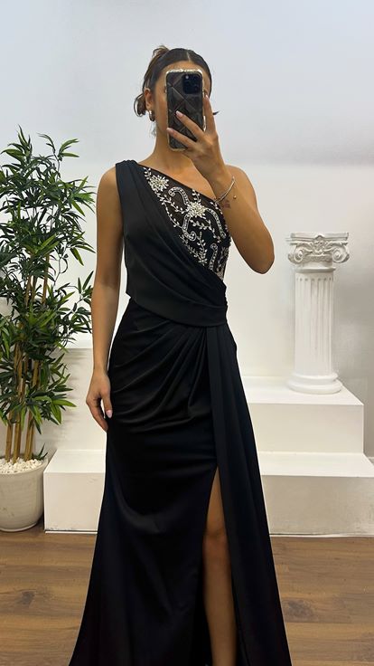 Black One Shoulder Embroidered Satin Evening Dress
