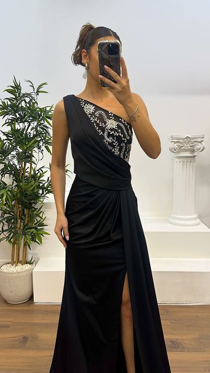 Black One Shoulder Embroidered Satin Evening Dress