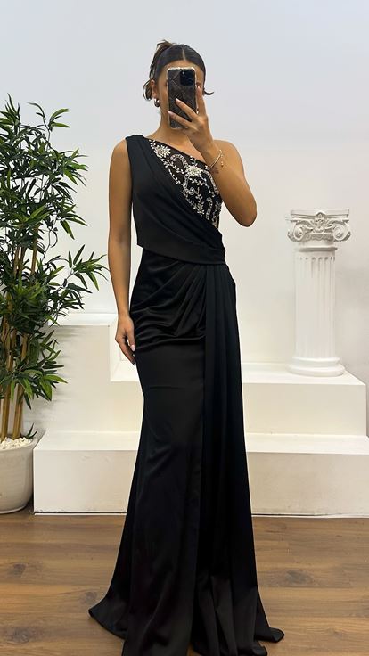 Black One Shoulder Embroidered Satin Evening Dress