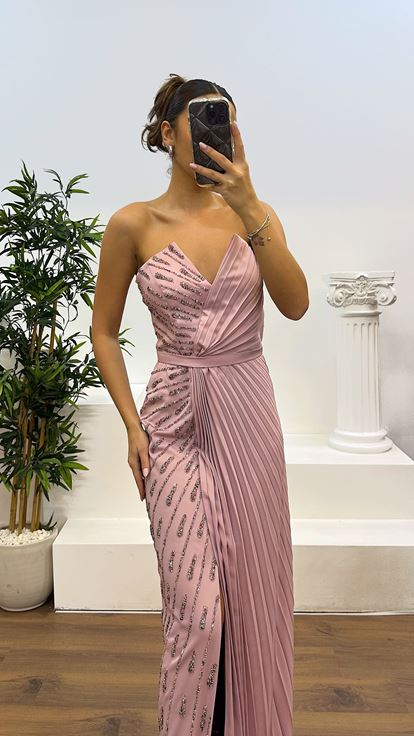 Pudra Straplez İşlemeli Piliseli Abiye Elbise