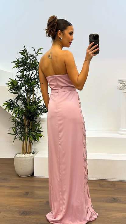 Pudra Straplez İşlemeli Piliseli Abiye Elbise