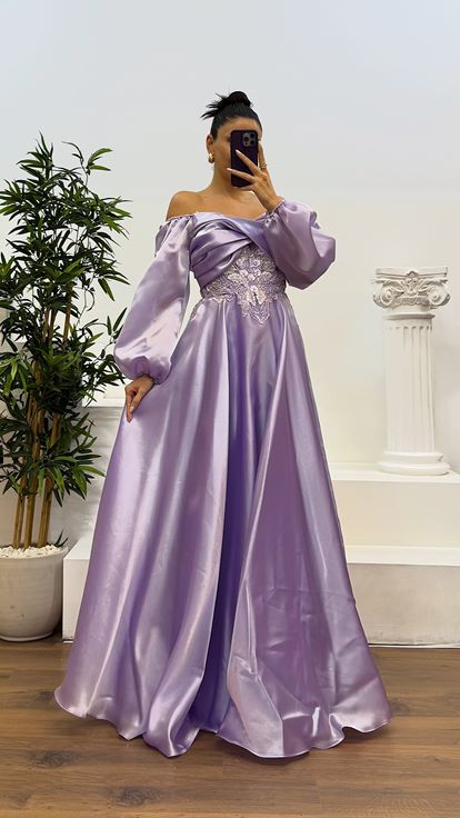 Lilac Boat Neck Embroidered Detail Satin Evening Dress