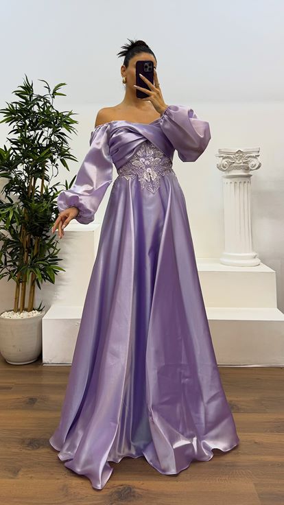 Lilac Boat Neck Embroidered Detail Satin Evening Dress