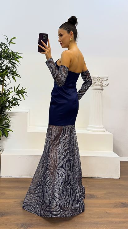 Navy Blue Strapless Tulle Detail Fishtail Evening Dress