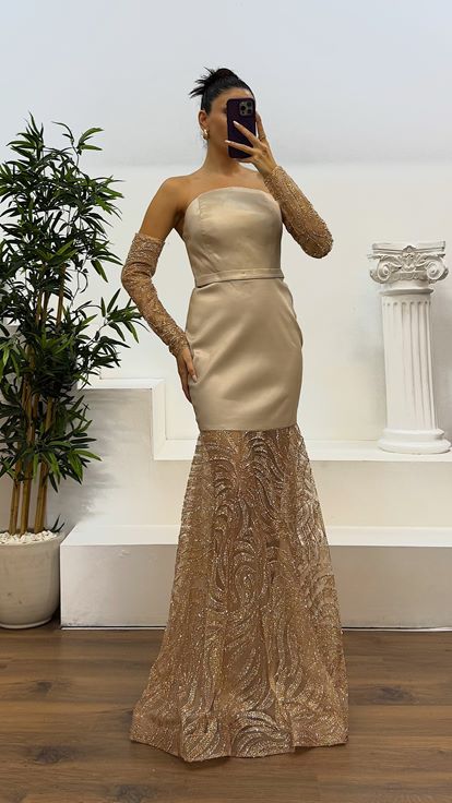 Beige Strapless Tulle Detail Fishtail Evening Dress