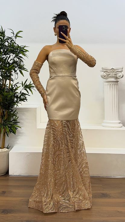 Beige Strapless Tulle Detail Fishtail Evening Dress