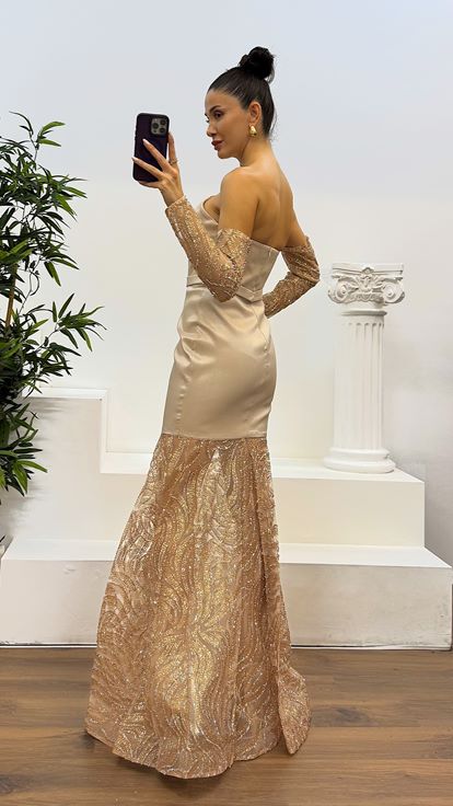 Beige Strapless Tulle Detail Fishtail Evening Dress