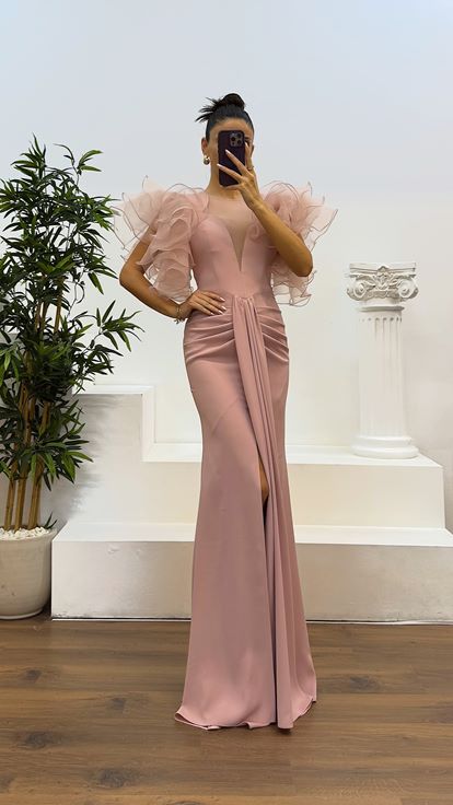 Robe de soirée à volants et manches en V Dusty Rose