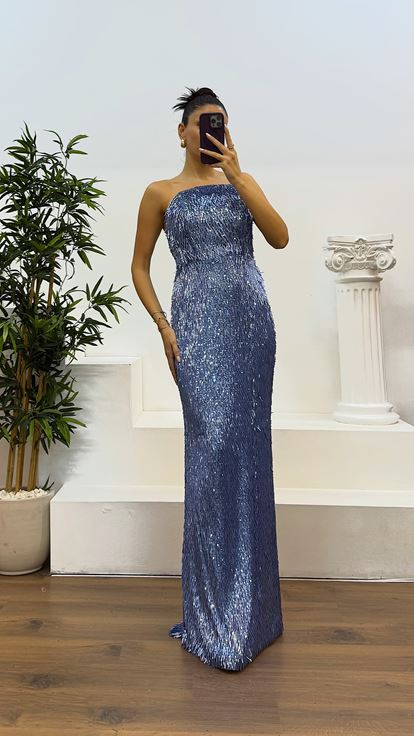 Robe de soirée bustier indigo de créateur