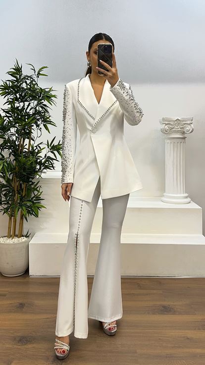 Ecru Stone Jacket-Spanish Trousers Evening Dress Set