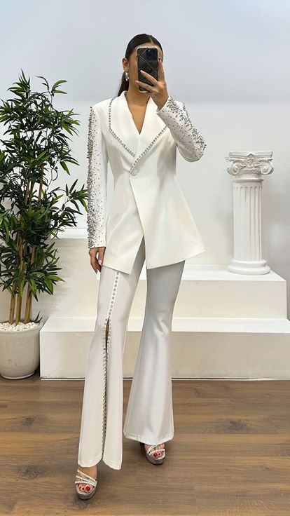 Ecru Stone Jacket-Spanish Trousers Evening Dress Set