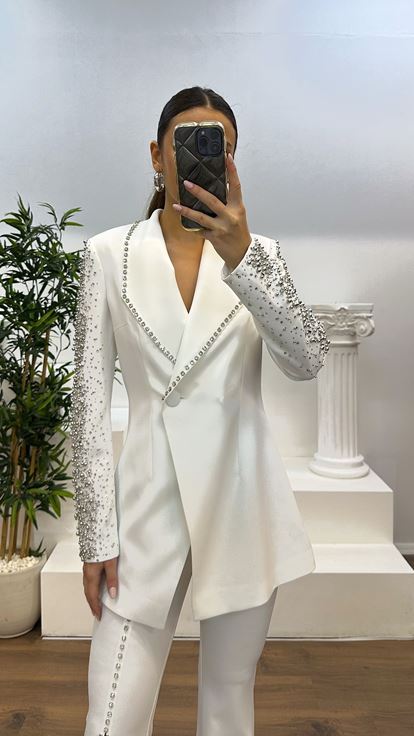Ecru Stone Jacket-Spanish Trousers Evening Dress Set