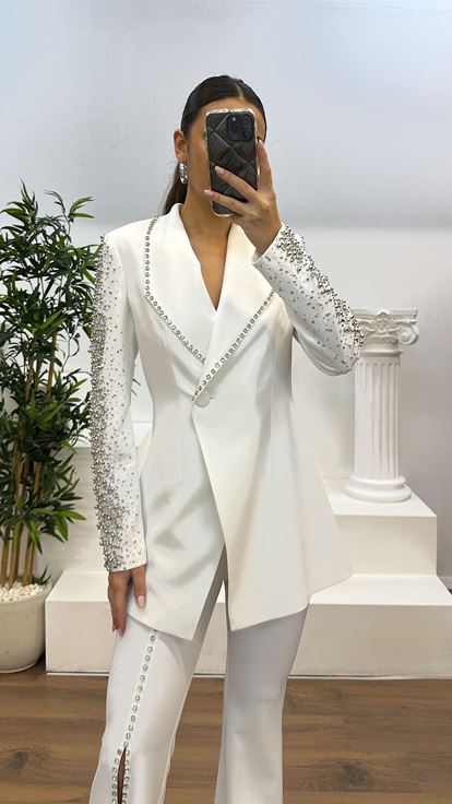 Ecru Stone Jacket-Spanish Trousers Evening Dress Set