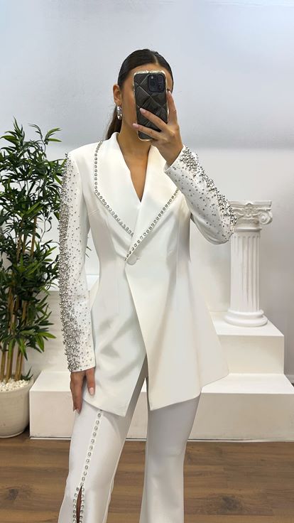 Ecru Stone Jacket-Spanish Trousers Evening Dress Set