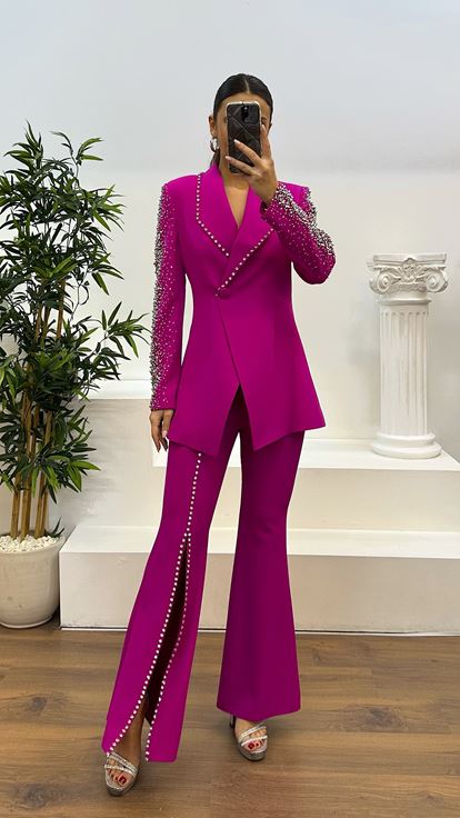 Fuchsia Stone Jacket-Spanish Leg Trousers Evening Dress Set