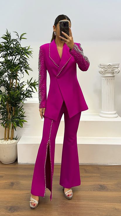 Fuchsia Stone Jacket-Spanish Leg Trousers Evening Dress Set