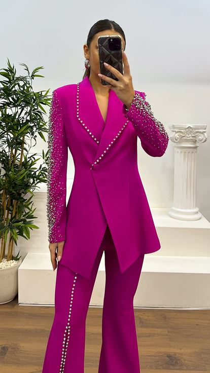 Fuchsia Stone Jacket-Spanish Leg Trousers Evening Dress Set