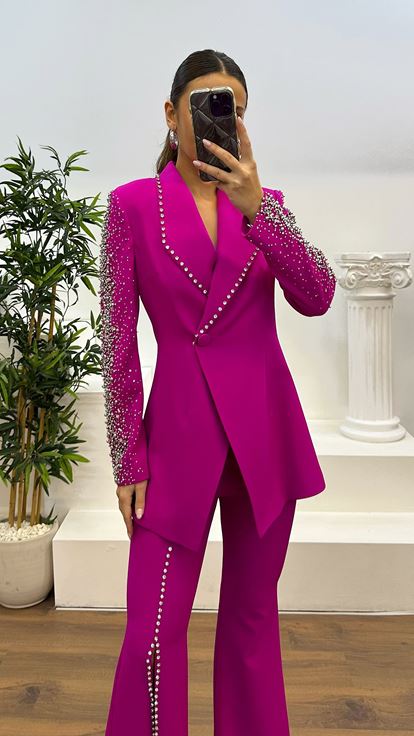 Fuchsia Stone Jacket-Spanish Leg Trousers Evening Dress Set