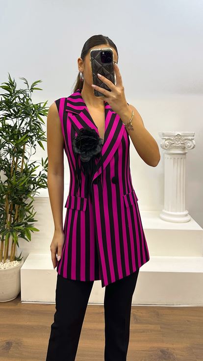 Fuchsia Striped Vest-Trousers Evening Dress Set