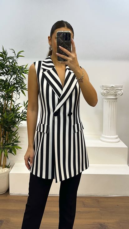 Black Striped Vest-Pants Evening Dress Set