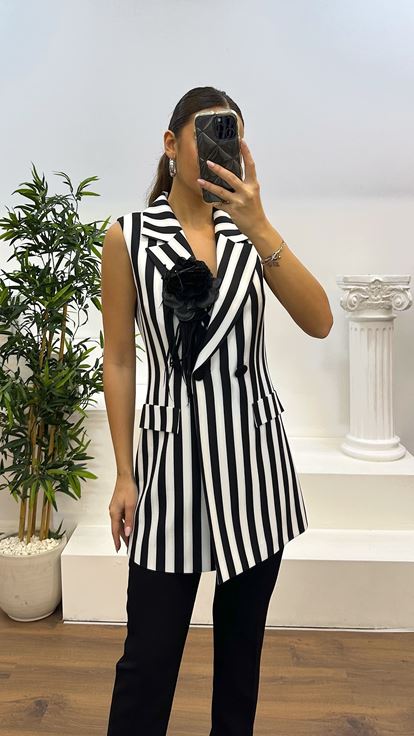 Black Striped Vest-Pants Evening Dress Set
