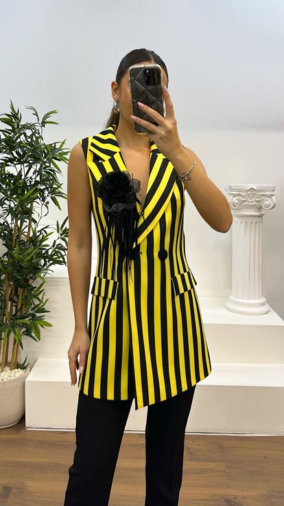 Yellow Striped Vest-Pants Evening Dress Set