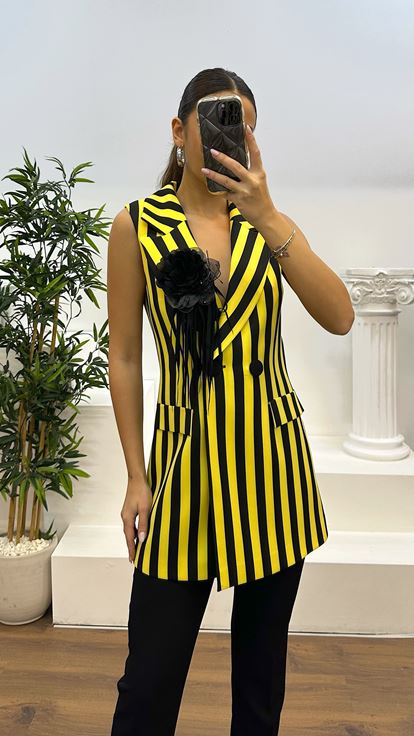 Yellow Striped Vest-Pants Evening Dress Set