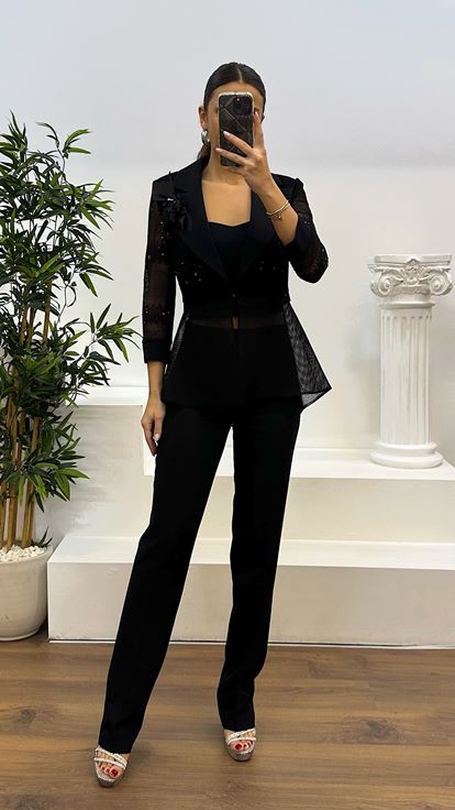 Black Bead Detailed Jacket-Pants Evening Dress Set