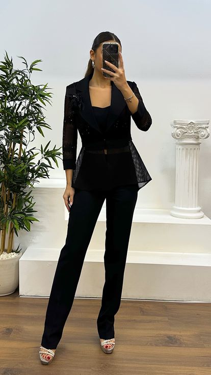 Black Bead Detailed Jacket-Pants Evening Dress Set