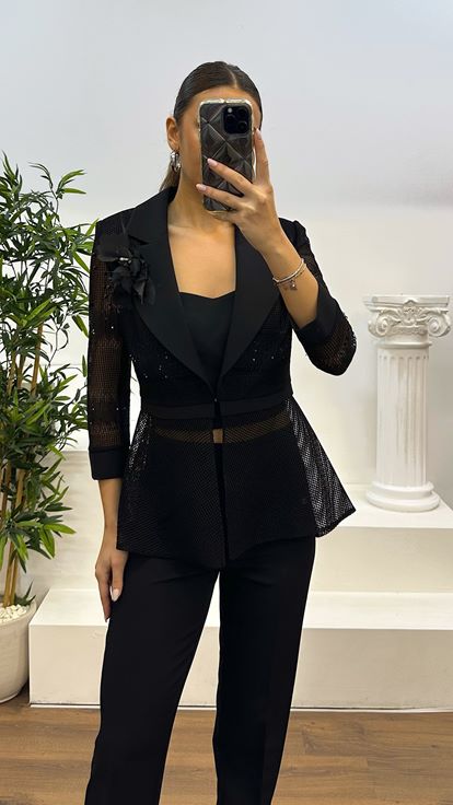 Black Bead Detailed Jacket-Pants Evening Dress Set