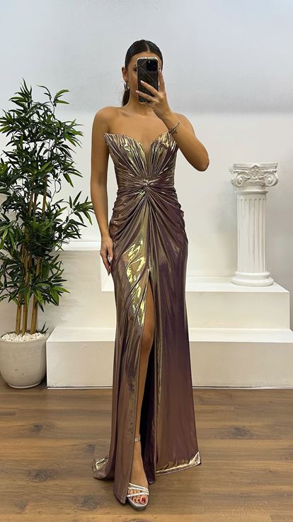 Lavender Strapless Draped Shiny Evening Dress
