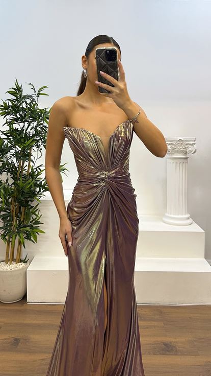 Lavender Strapless Draped Shiny Evening Dress