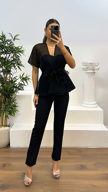 Black Mesh Jacket-Pants Evening Dress Set