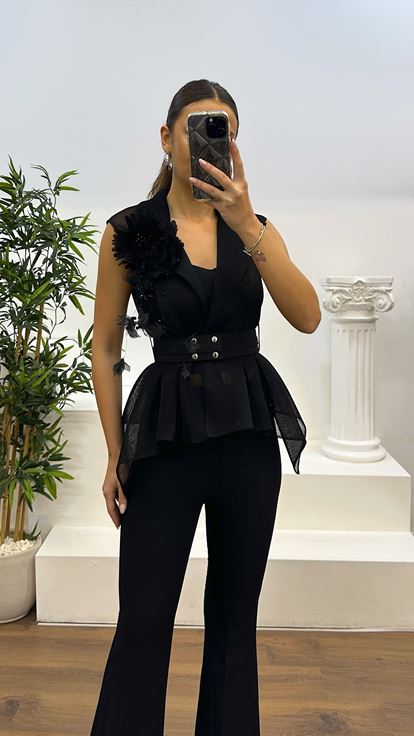 Black Mesh Vest-Spanish Leg Trousers Evening Dress Suit