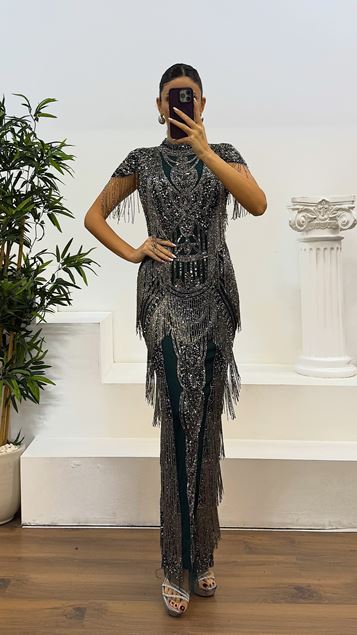 Emerald Hand Embroidered Design Evening Dress