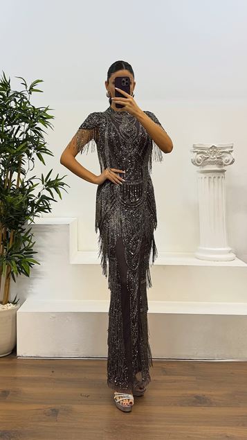 Mink Hand Embroidered Design Evening Dress