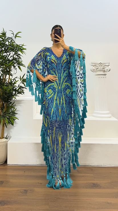 Mavi V Yaka Püsküllü El İşlemesi Tasarım Abiye Elbise