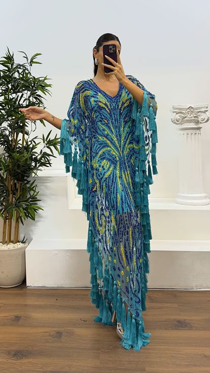 Mavi V Yaka Püsküllü El İşlemesi Tasarım Abiye Elbise