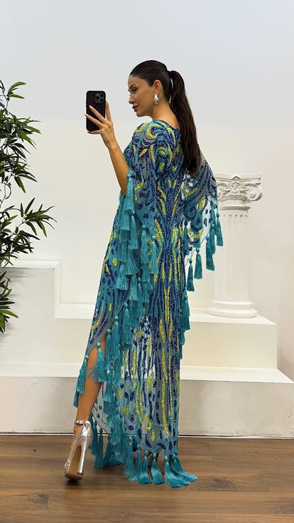 Mavi V Yaka Püsküllü El İşlemesi Tasarım Abiye Elbise