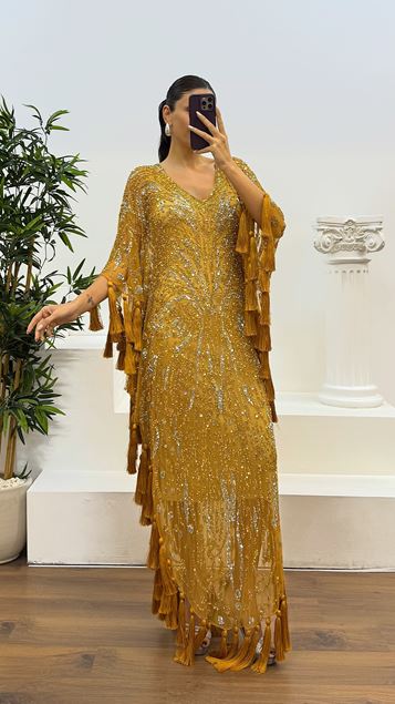 Gold V-Neck Tasseled Hand Embroidered Design Evening Dress