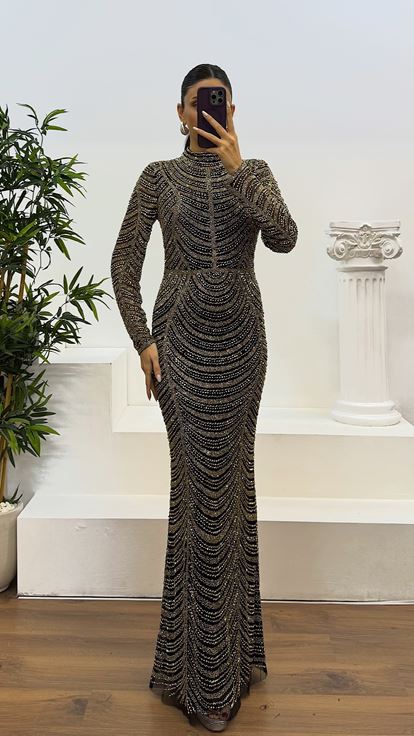 Gold Long Sleeve Hand Embroidered Design Evening Dress