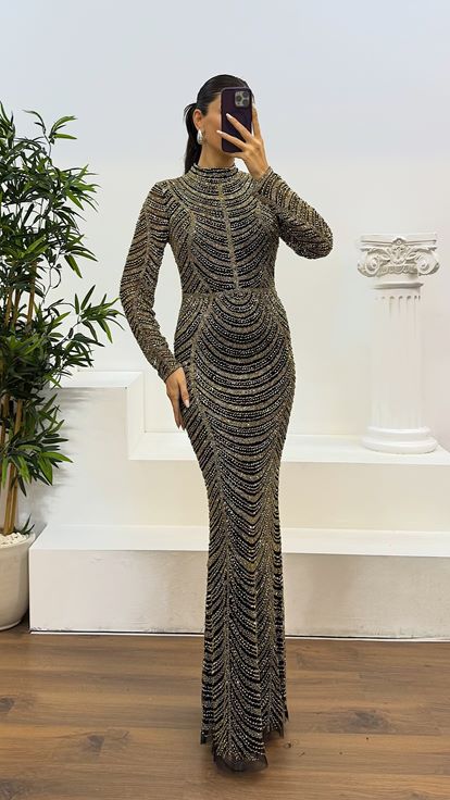Gold Long Sleeve Hand Embroidered Design Evening Dress